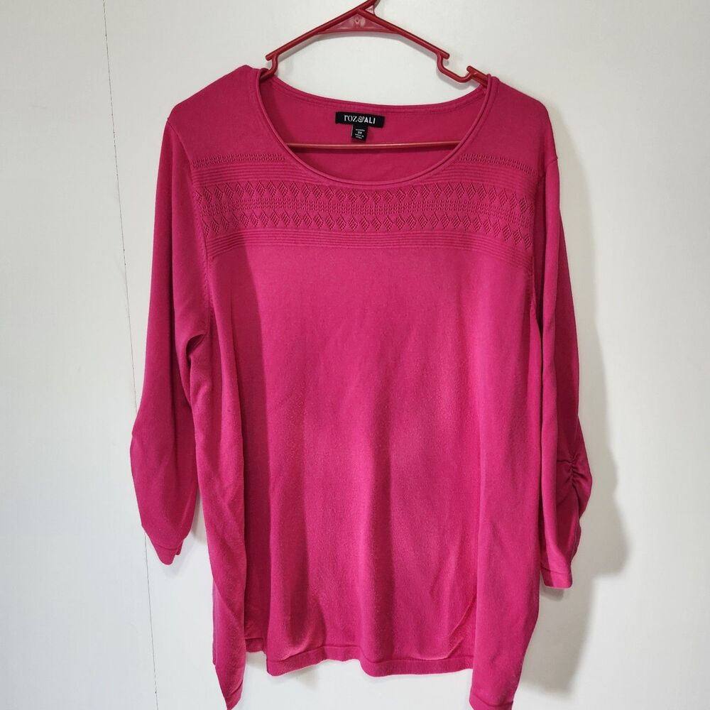 Roz & Ali Pink Cinched Sweater Top 3/4 Sleeve Yoke Detail Plus Size 3X - Picture 1 of 11